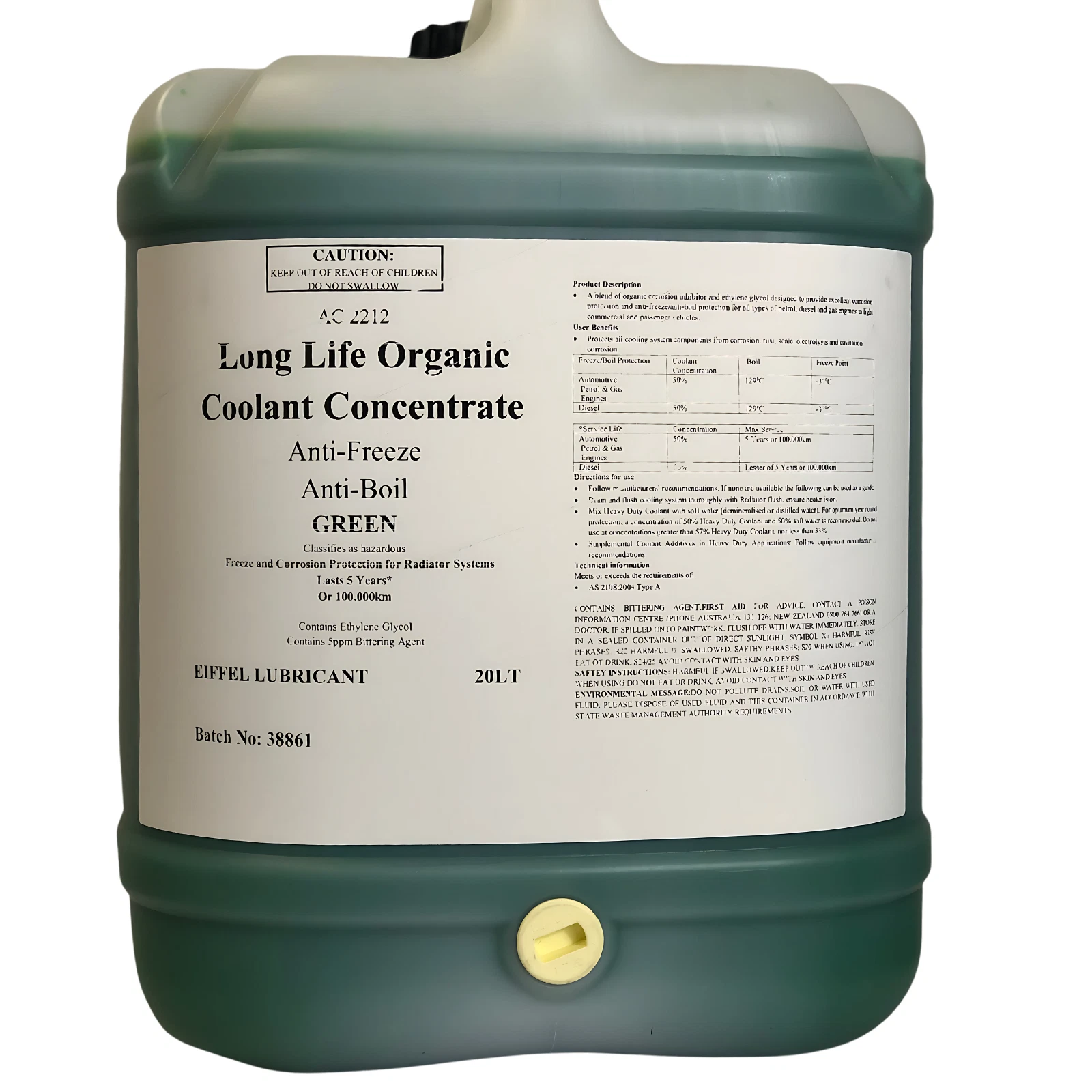 Eiffel Green Coolant Concentrate Label Detail showing 5 Year 100,000km Service Life.