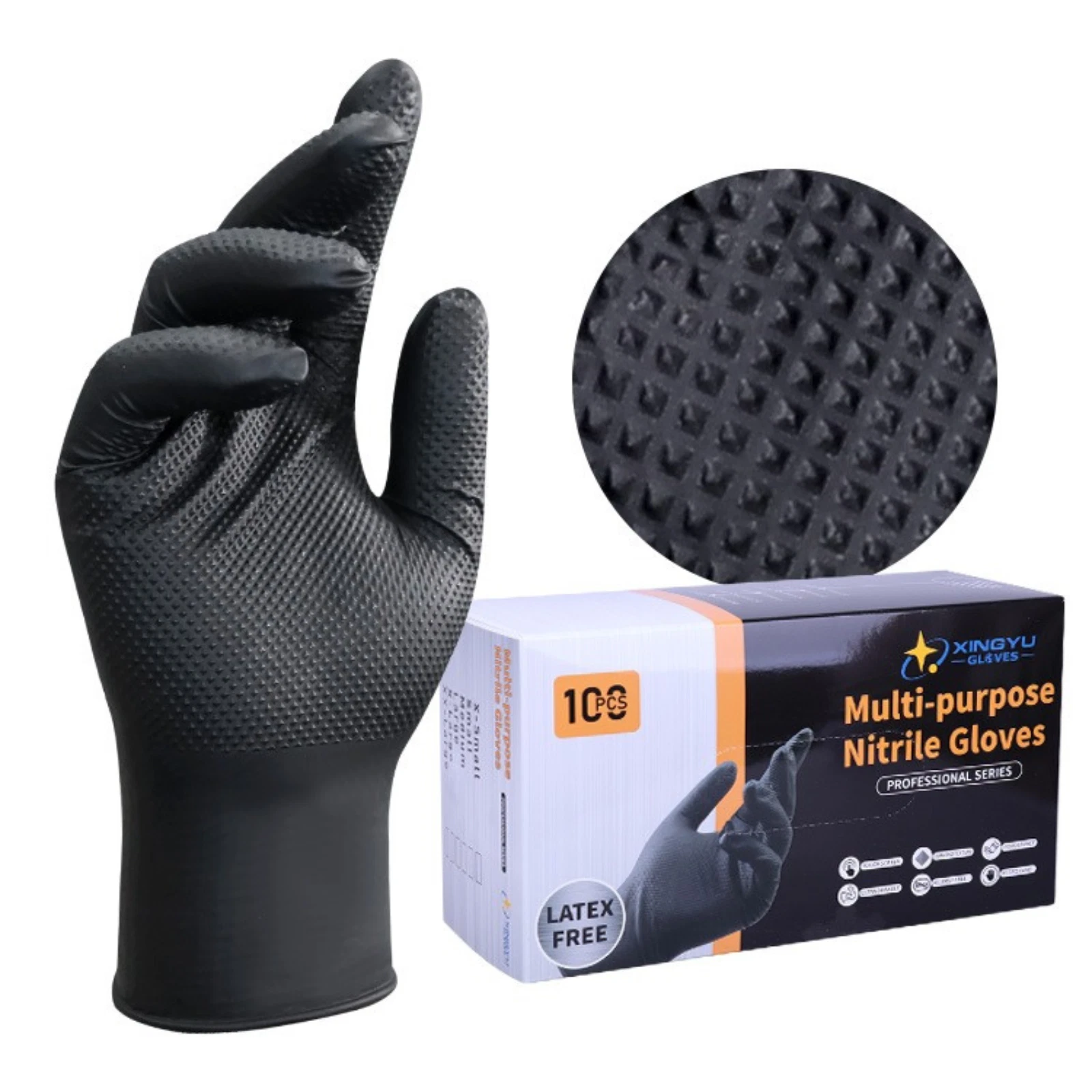 Close up of raised diamond texture on orange nitrile glove for non-slip oil grip.