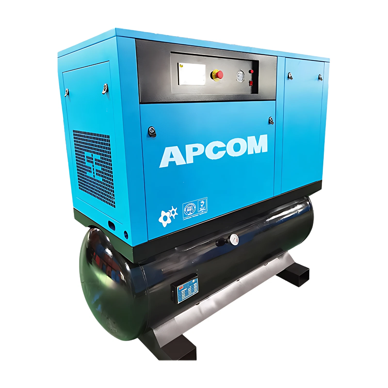 Rear view of compressor showing cooling fans and air dryer components.