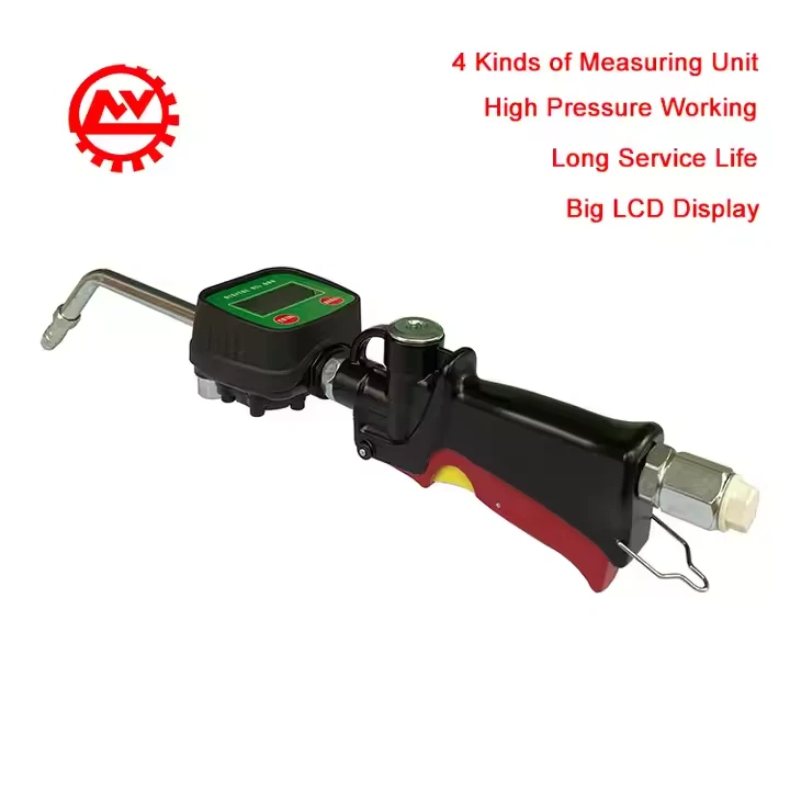 Digital Oil Meter Gun with flexible nozzle and non-drip tip for precise dispensing.