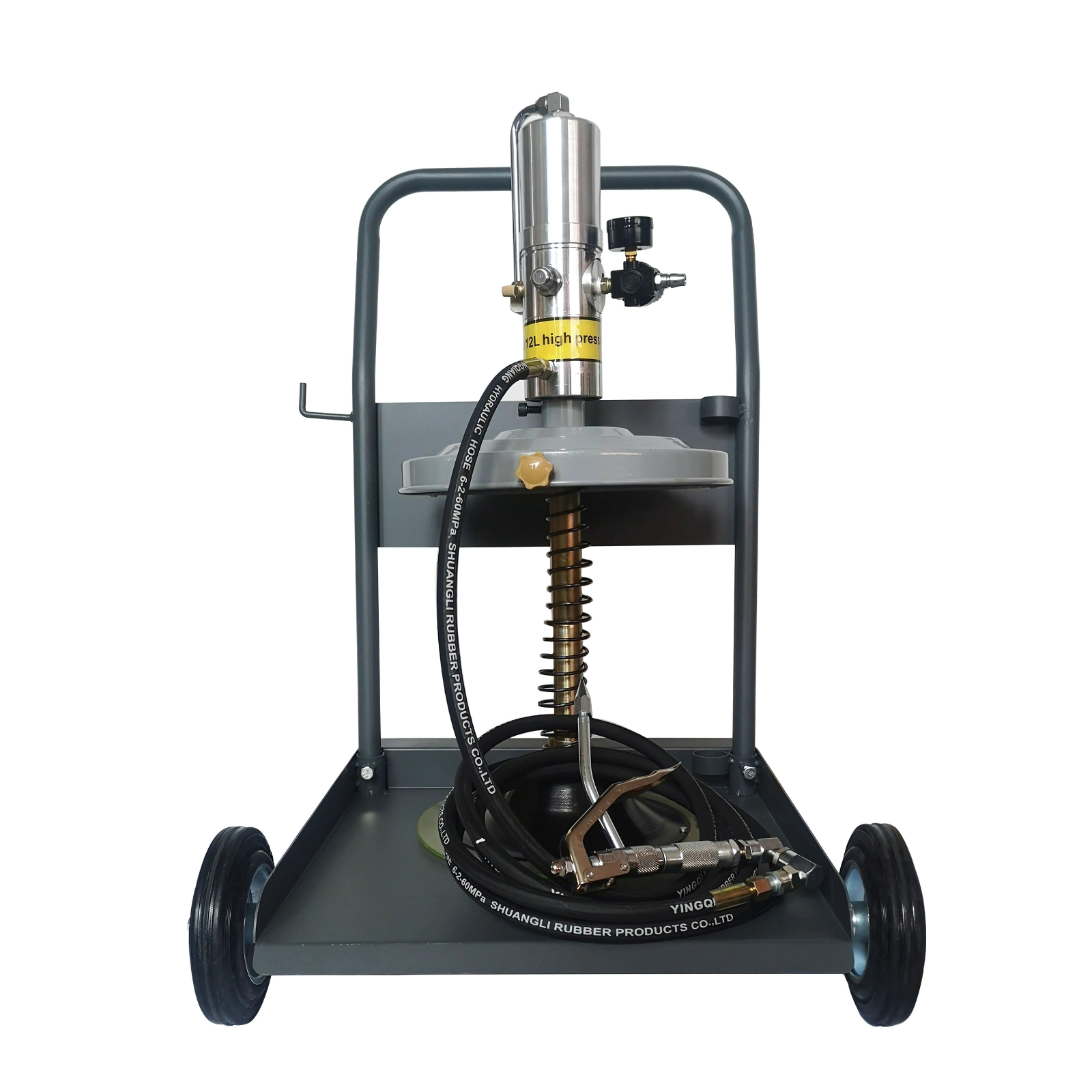 High pressure grease control valve gun with Z-swivel and connection hose.