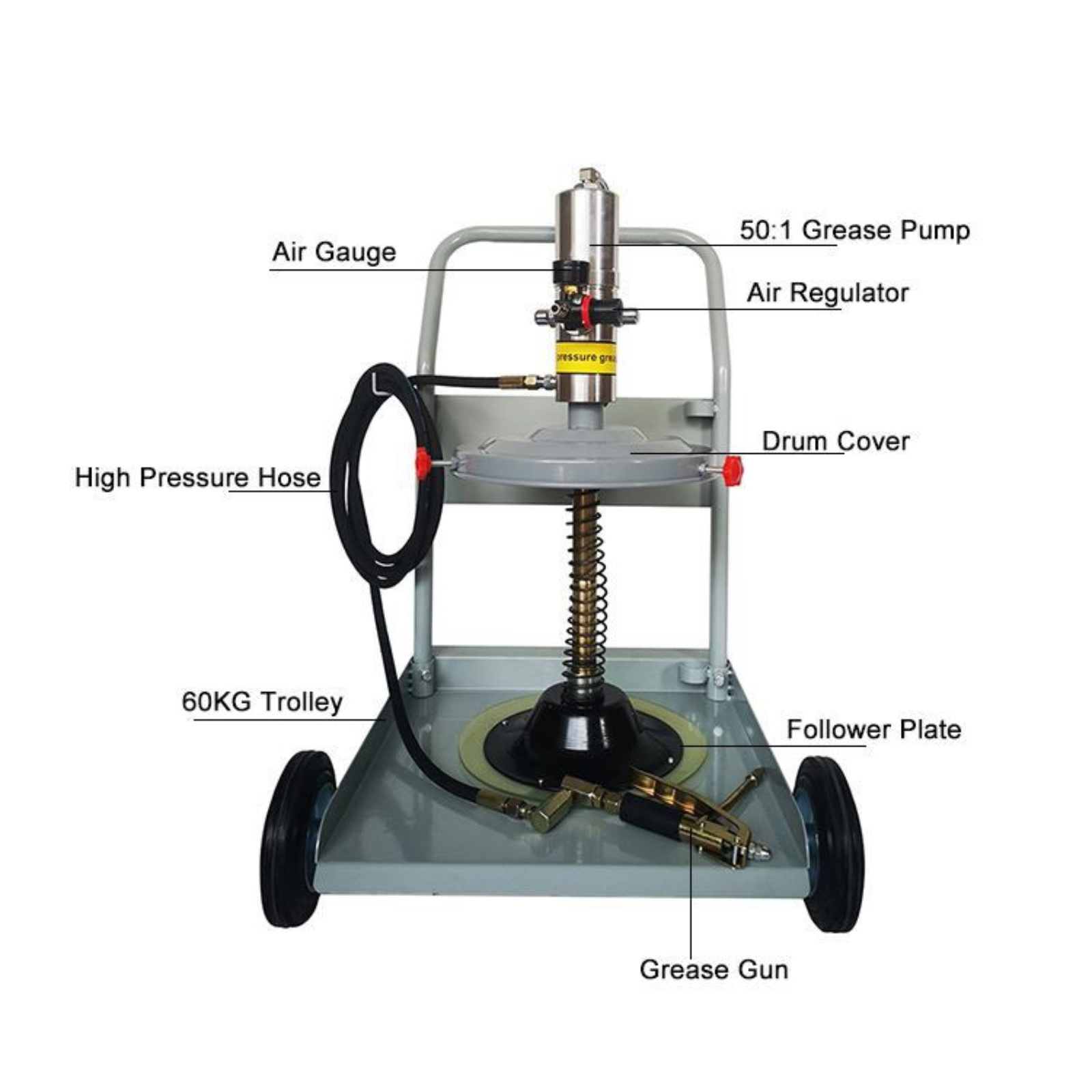 Heavy duty 4-wheel trolley for 20kg grease drums - Mobile Workshop Equipment.