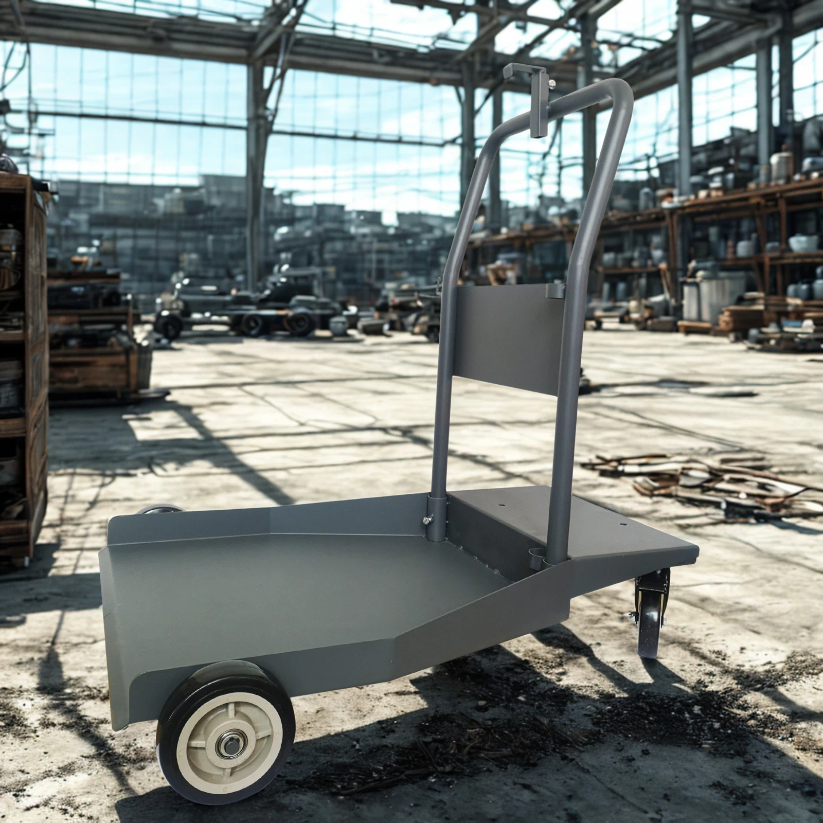 Drum Trolley with handle folded flat for easy storage under workbench.