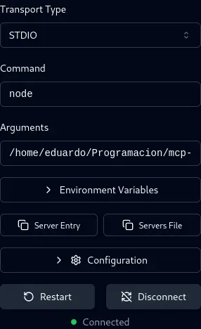 MCP inspector configuration panel