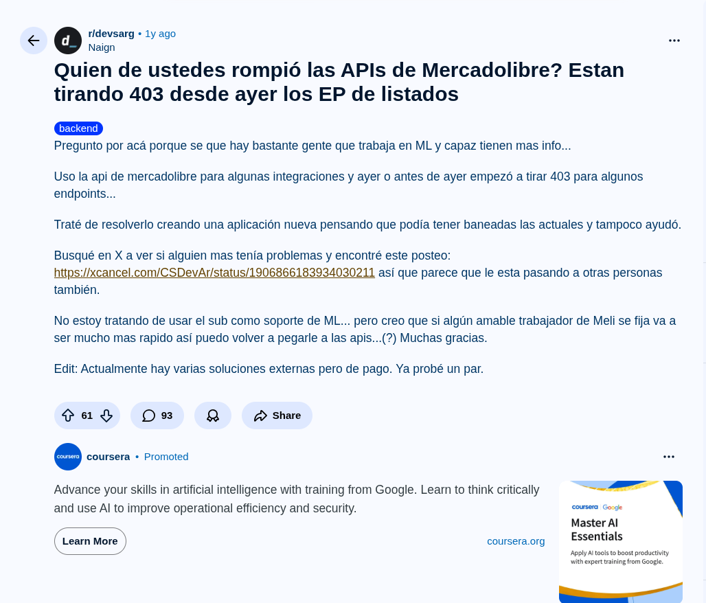 Usuarios de Reddit quejandose de las políticas de API de Mercado Libre