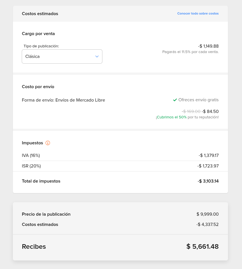 Simulador de costos de Mercado Libre en Pesos Mexicanos