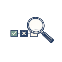 A magnifying glass over three checkboxes — ticked, crossed, and pending — representing critical evaluation.