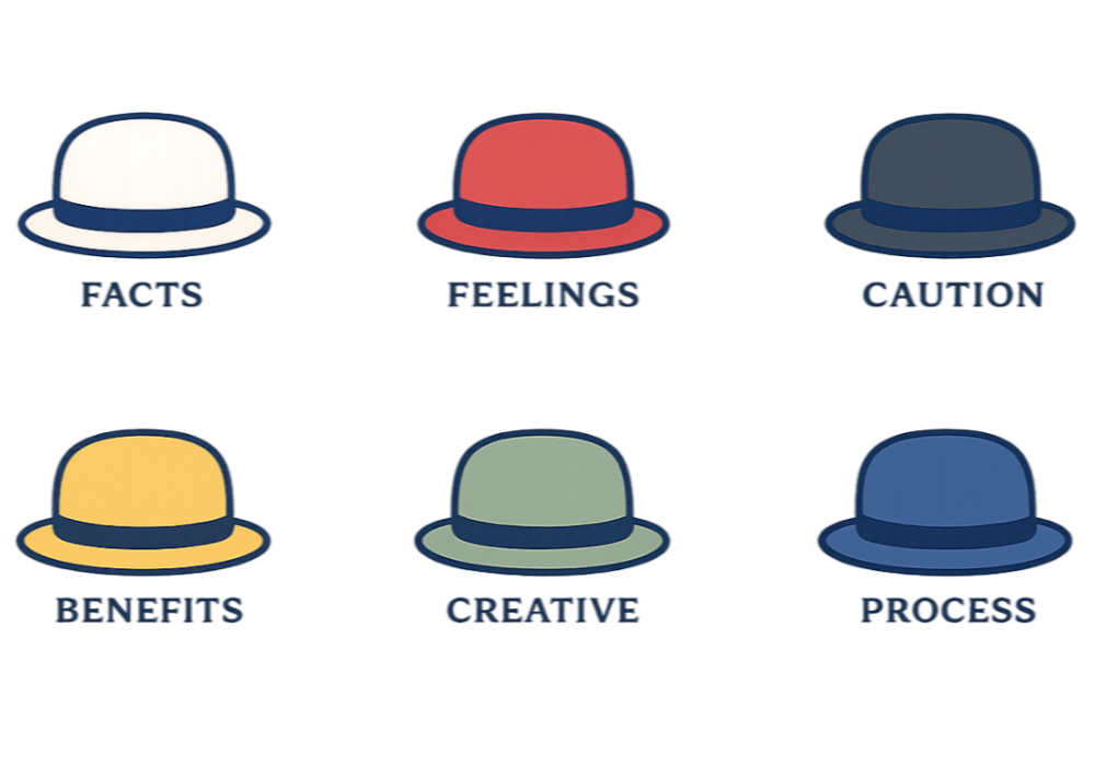 Diagram illustrating the Six Thinking Hats (de Bono) framework