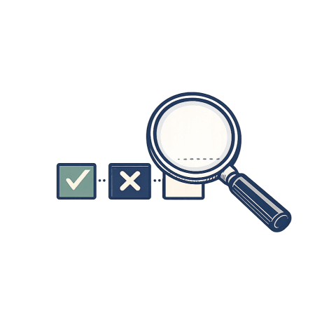 A magnifying glass over three checkboxes — ticked, crossed, and pending — representing critical evaluation.