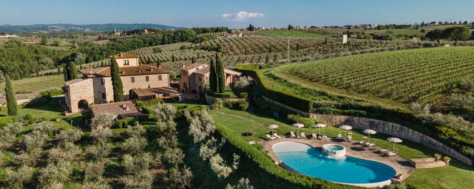Solare del Chianti — the farmhouse among olive groves and vineyards from the air