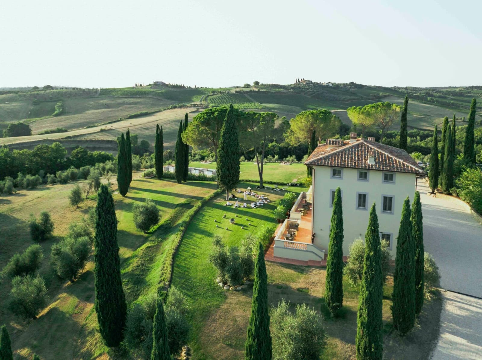 Tenuta Belvedere Estate: Tenuta Belvedere — the villa, gardens and cypress walks from above