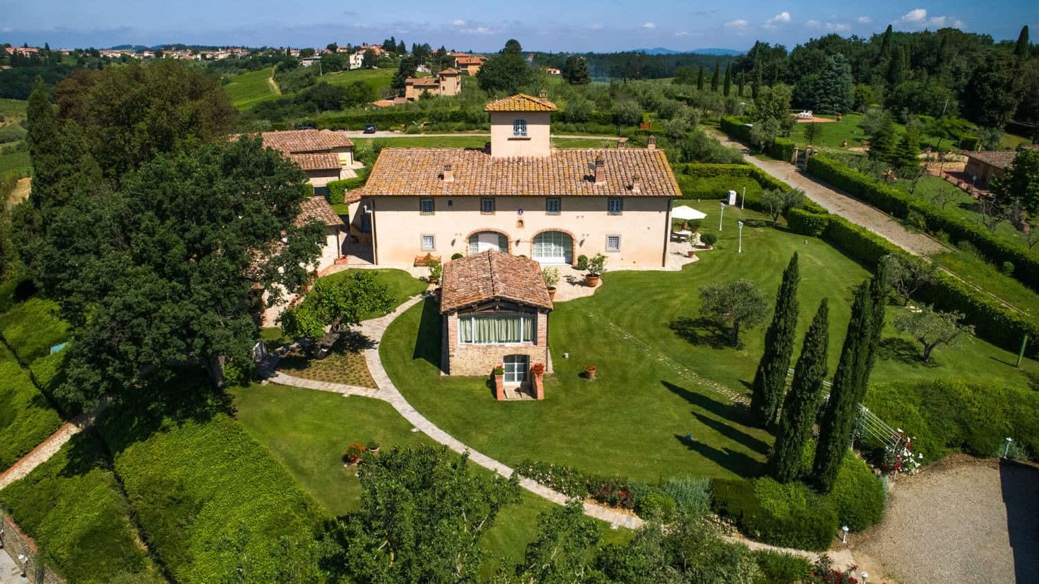 Villa Fornacella — the villa and its gardens from above