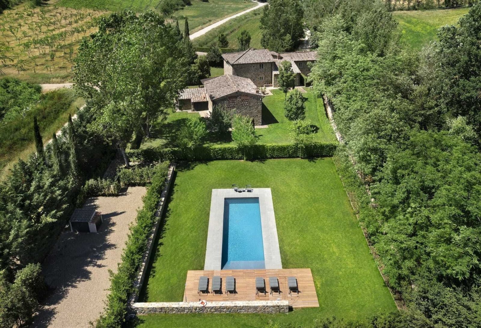 Villa Erbavoglio — the garden pool, aerial view