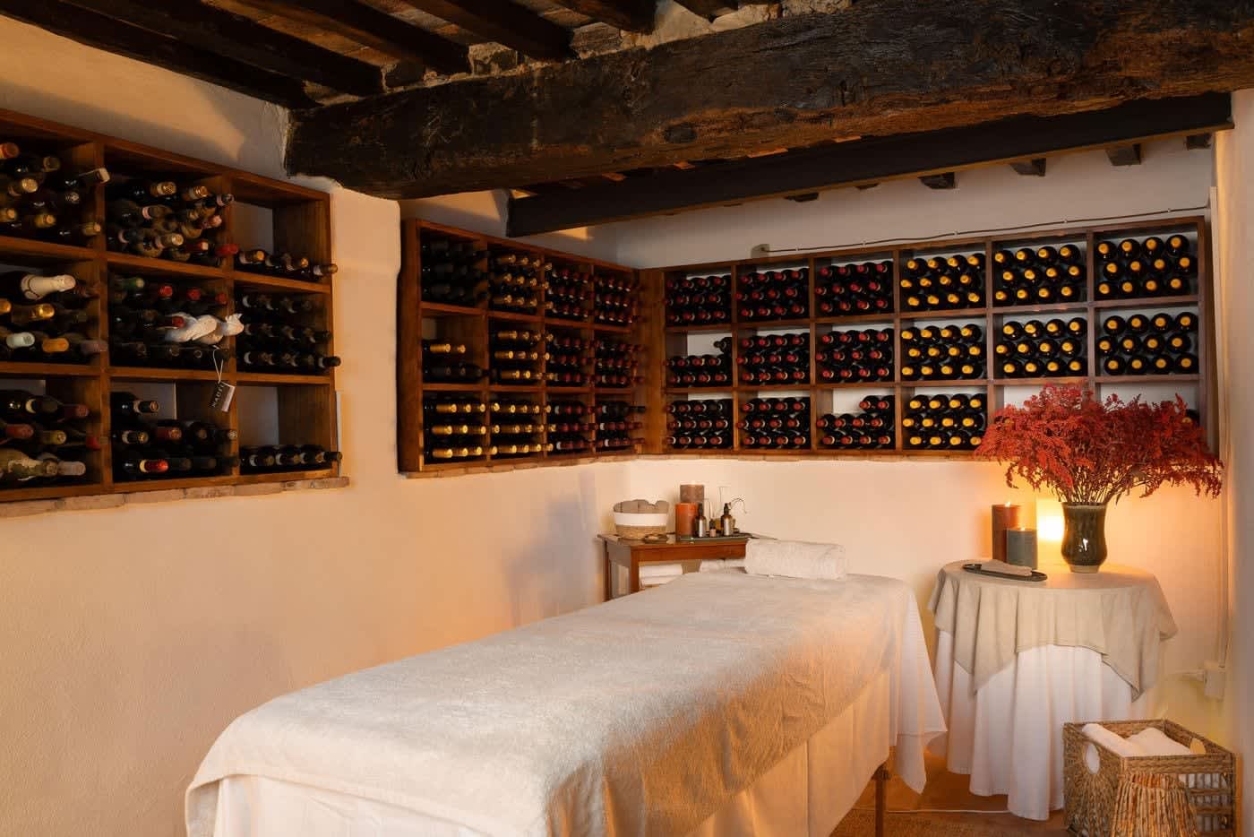 Villa Castellaro — the cellar, lined with the estate's bottles