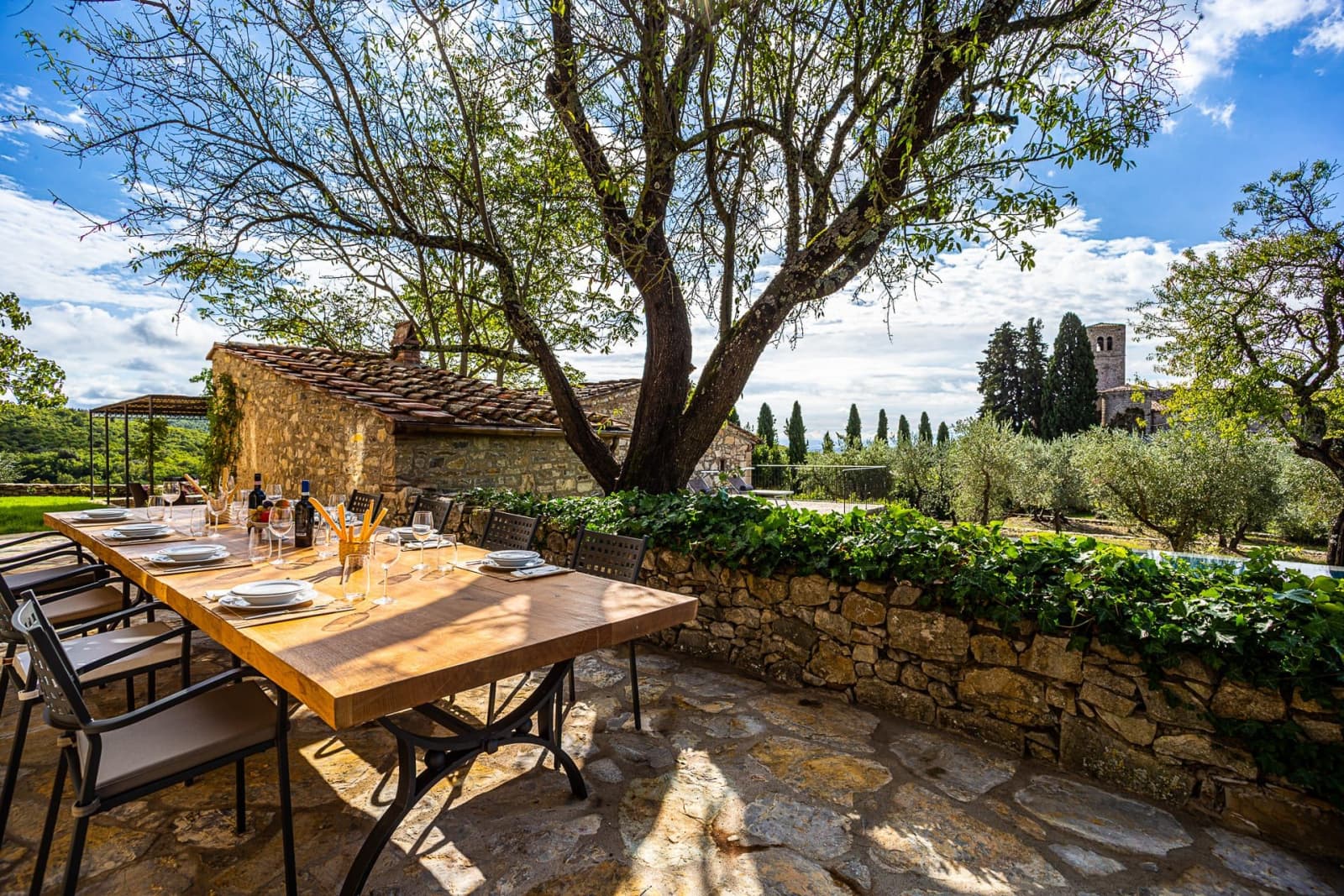 Casa dell'Erta — the stone terrace under an old tree