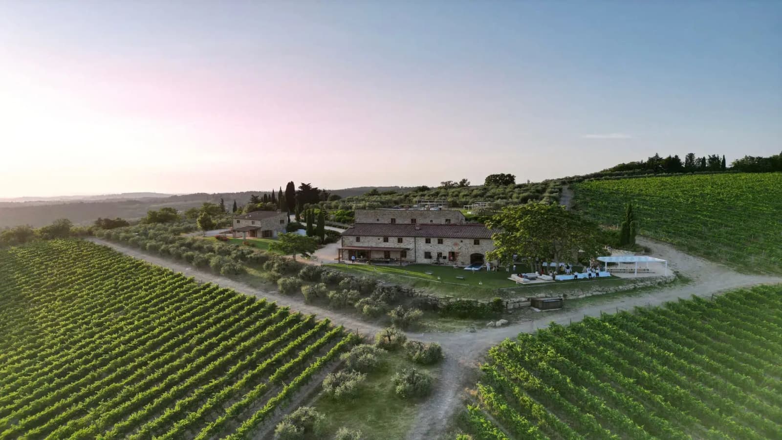 Villa Il Cellese — the estate at dusk from the air