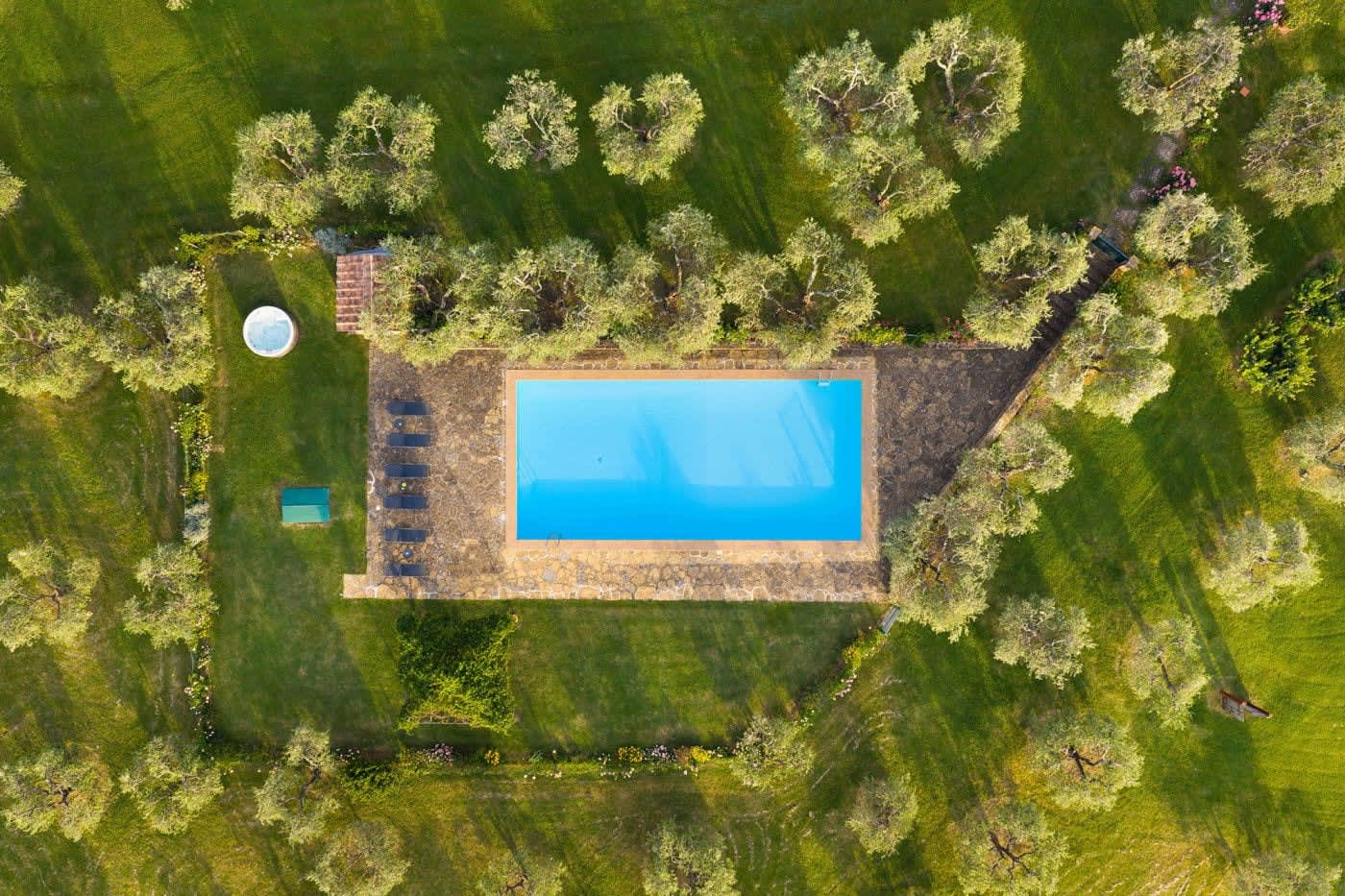 Villa Castellaro — the pool among the olive trees from above