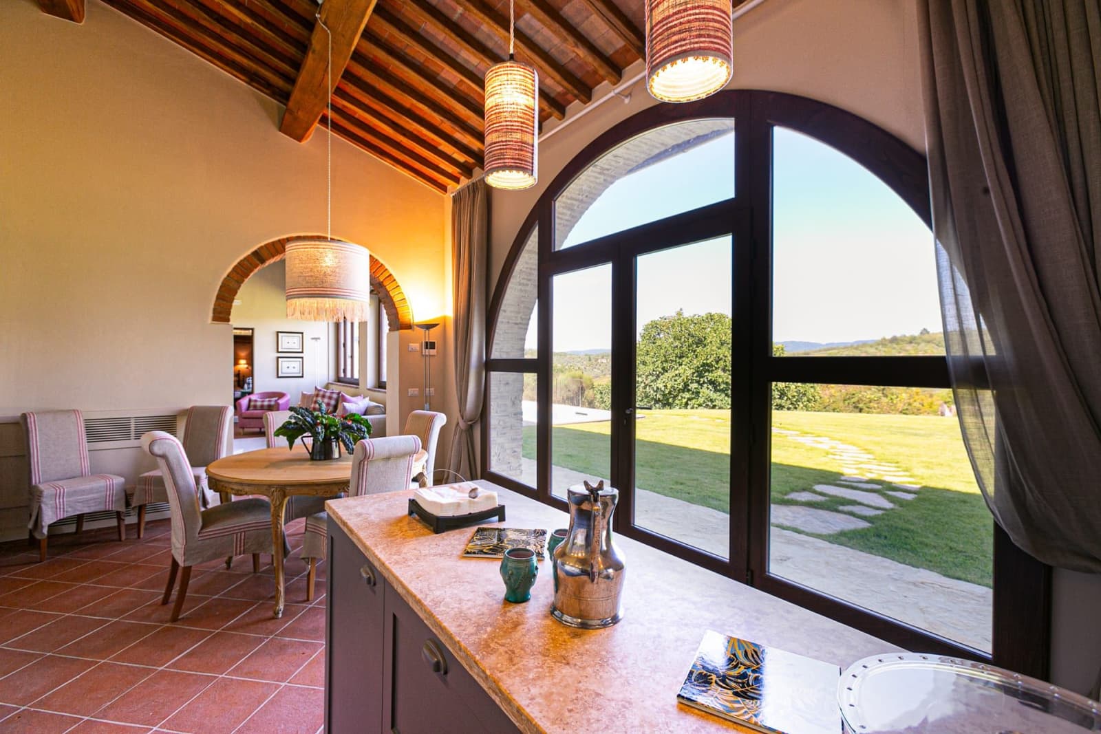 Casa Faraonia — the kitchen counter under an arched window