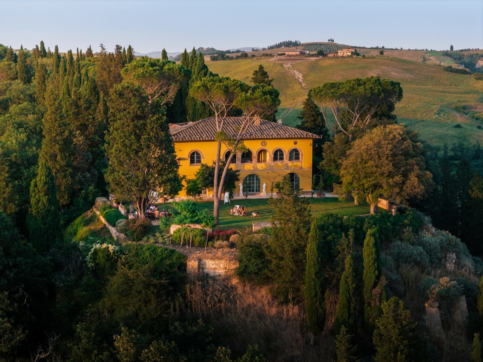 Villa Poggio d'Oro — the villa among cypresses and pines, from above