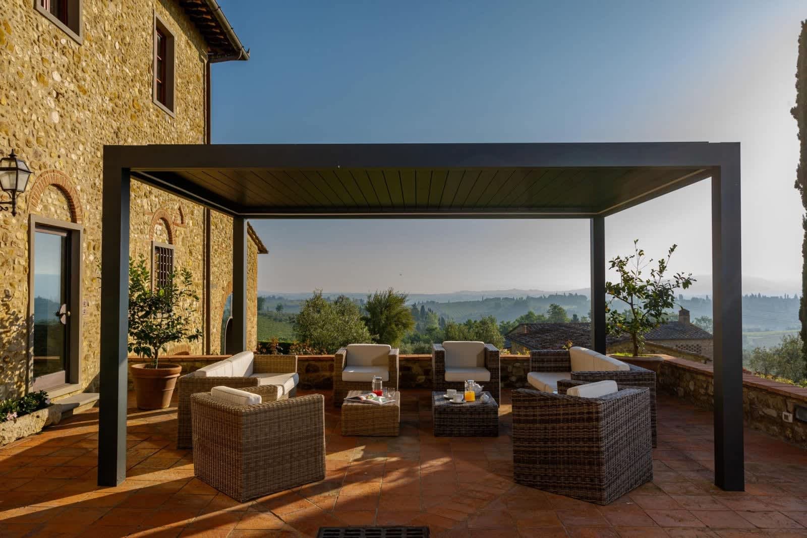 Solare del Chianti — the covered terrace at sunset