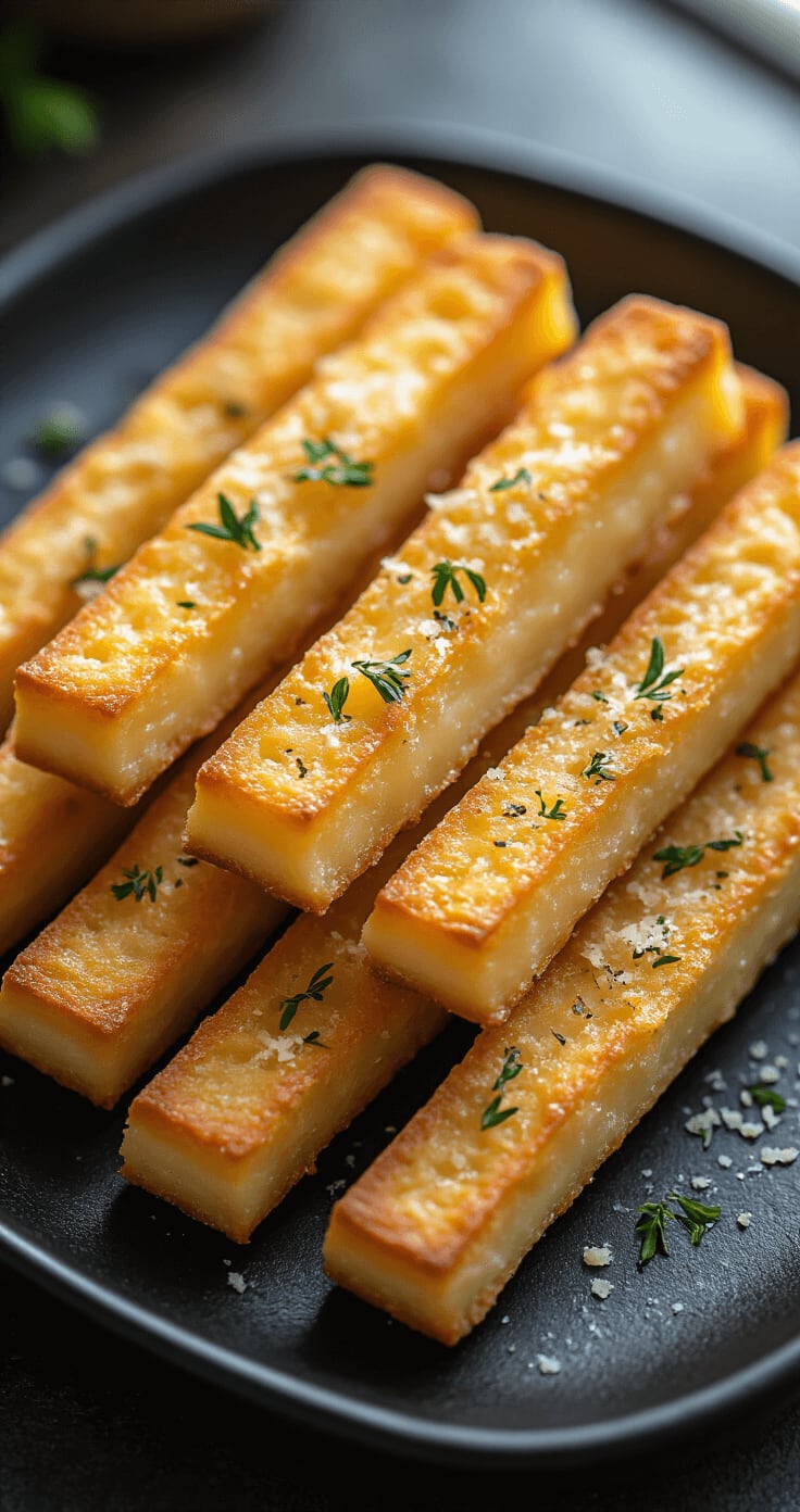 Koolhydraatarme Kaassticks: De Ultieme Low-Carb Snack Nabijheidsopname van perfect goudbruin, ambachtelijke kaassnacks op een matte zwarte keramieken schaal, met een krokante textuur, verse kruiden en een lichte bestrooiing van Parmezaanse kaas.