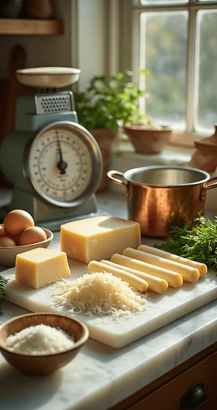 Koolhydraatarme Kaassticks: De Ultieme Low-Carb Snack Een zonnige rustieke keuken met een marmeren aanrecht vol ingrediënten voor kaasstokken: glanzend geraspte mozzarella, gouden Parmezaanse kaas, crèmekleurige amandelmeel en een verse boerderij-ei. Een vintage koperen pot met smeltende boter en kunstzinnig verspreide Mediterrane kruiden. Natuurlijk daglicht valt door een raam en verlicht een professionele keukenweegschaal en rasp.