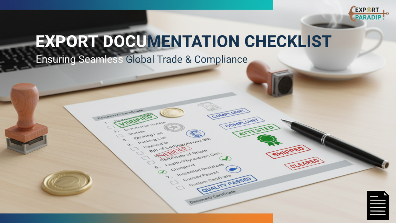 Digital document management system showing verified export paperwork compliance status dashboard