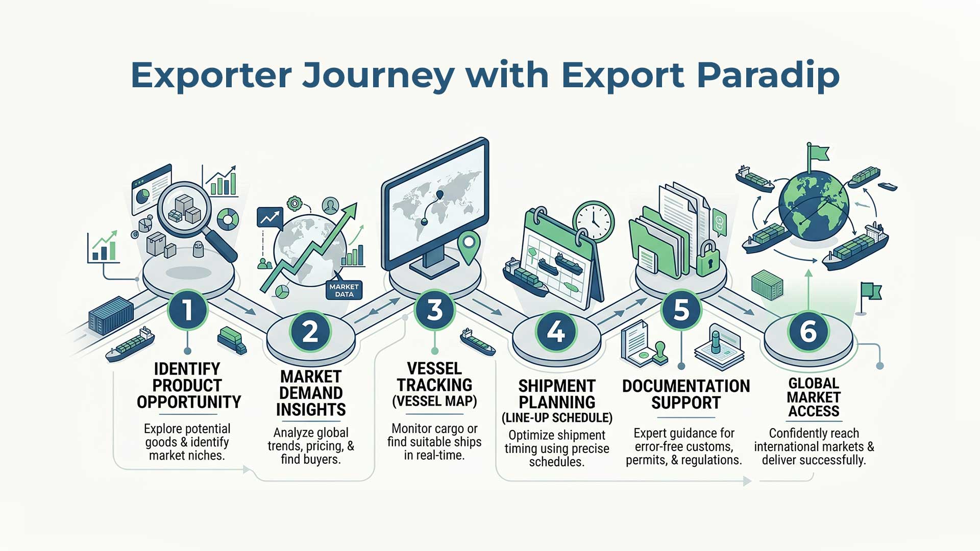 Step-by-step export process infographic showing how Export Paradip services help exporters plan shipments, track vessels, and access international markets.
