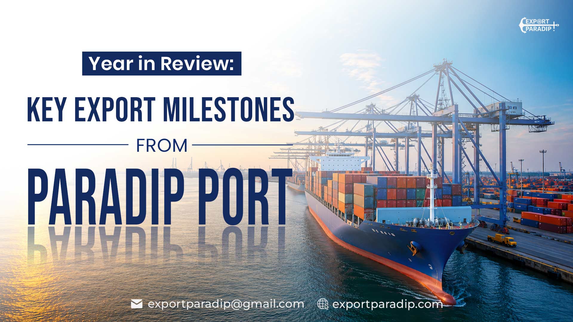 Infographic showing Paradip Port FY 2025-26 export milestones including record 156.45 MMT cargo, 4.01% growth & east coast leadership.