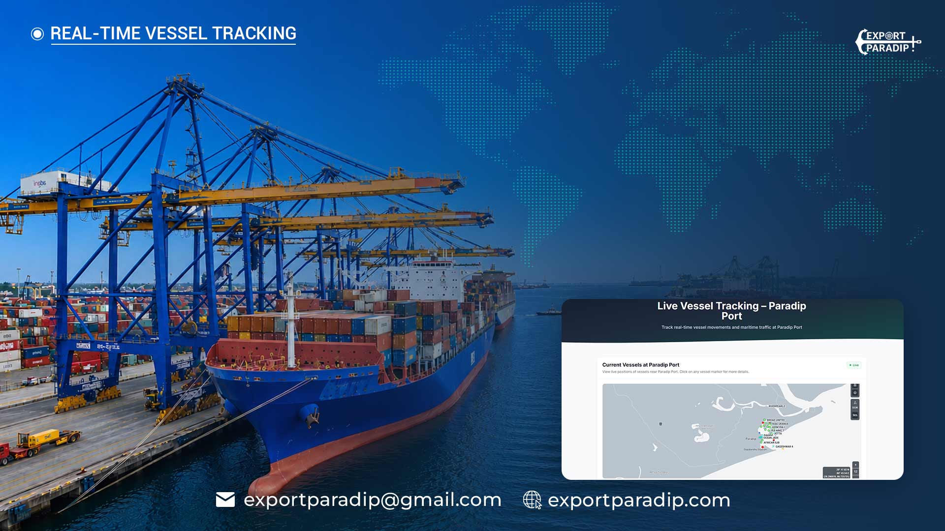 Cargo ship at Paradip Port with live vessel tracking route overlay