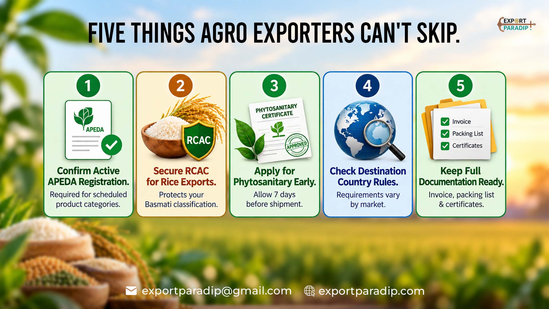 Export Paradip social graphic summarizing five essential compliance steps for agricultural exporters