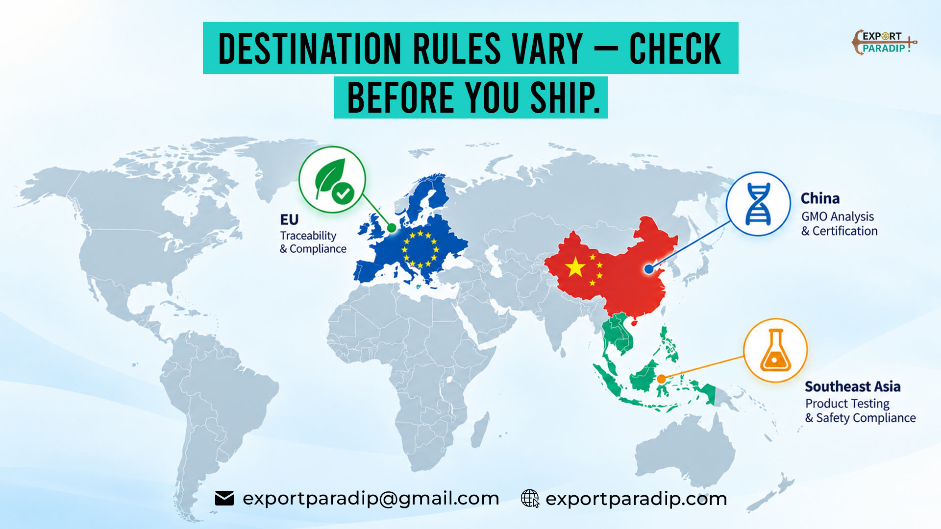World map graphic highlighting varying agricultural import requirements across different destination countries