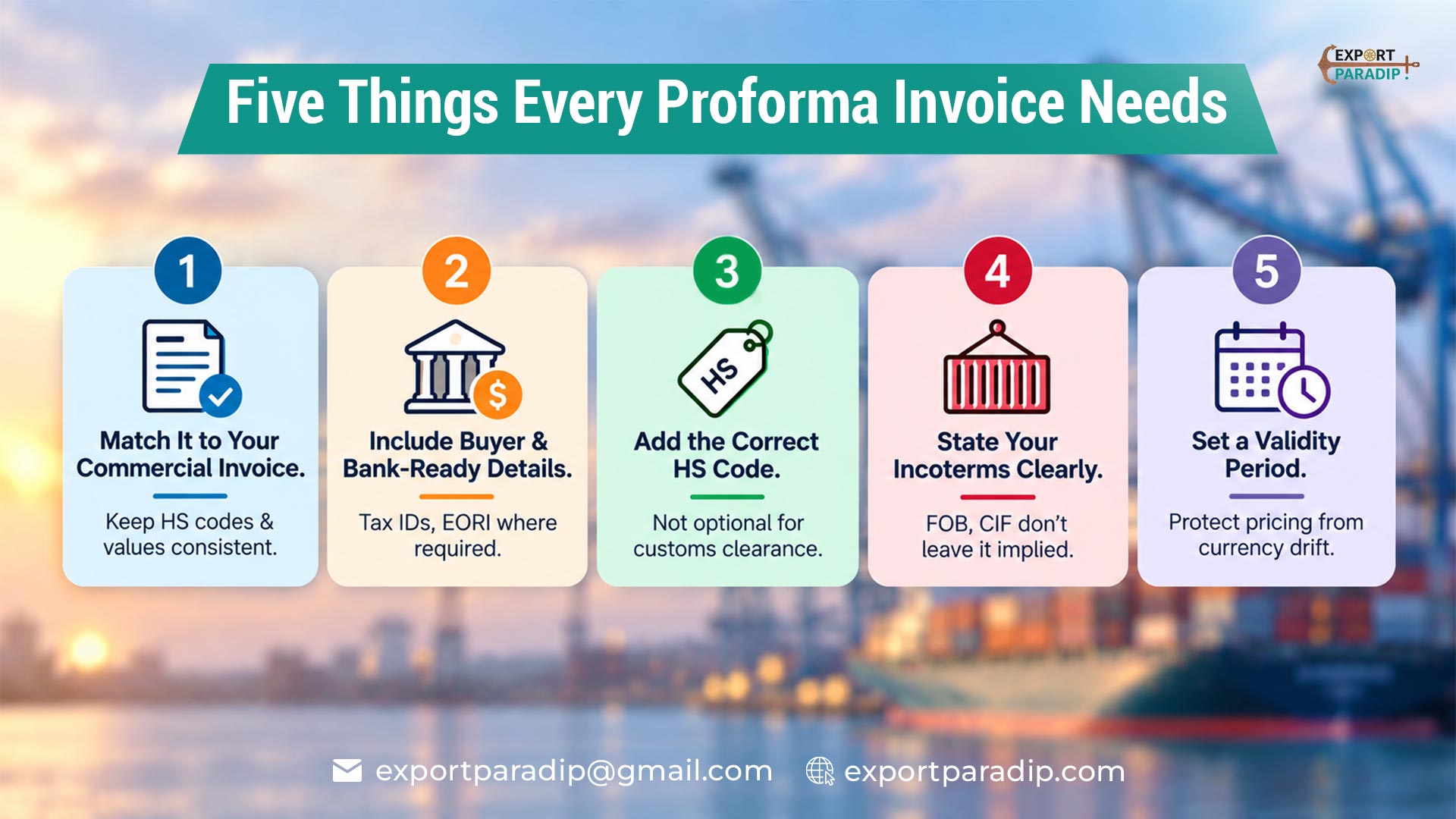 Export Paradip social graphic summarizing five essential elements of a correct proforma invoice