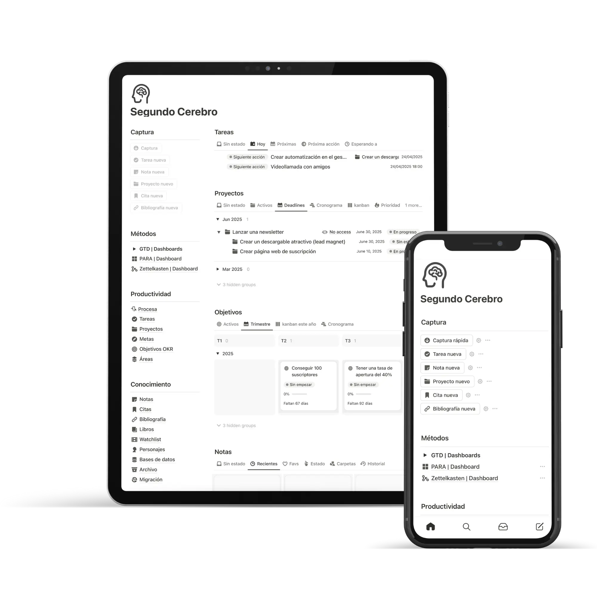 Foto de un Ipad al lado de un Iphone mostrando la plantilla del segundo cerebro.