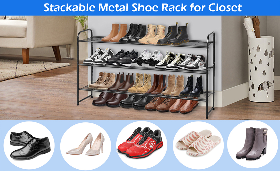 Long 3 Tier Shoe Rack for Entryway, Closet Floor, Wide Shoe Storage  Organizer Stackable Metal Shoe Shelf for 24 Pairs Men Sneakers with Wire  Grid for Bedroom, Bronze – Built to Order