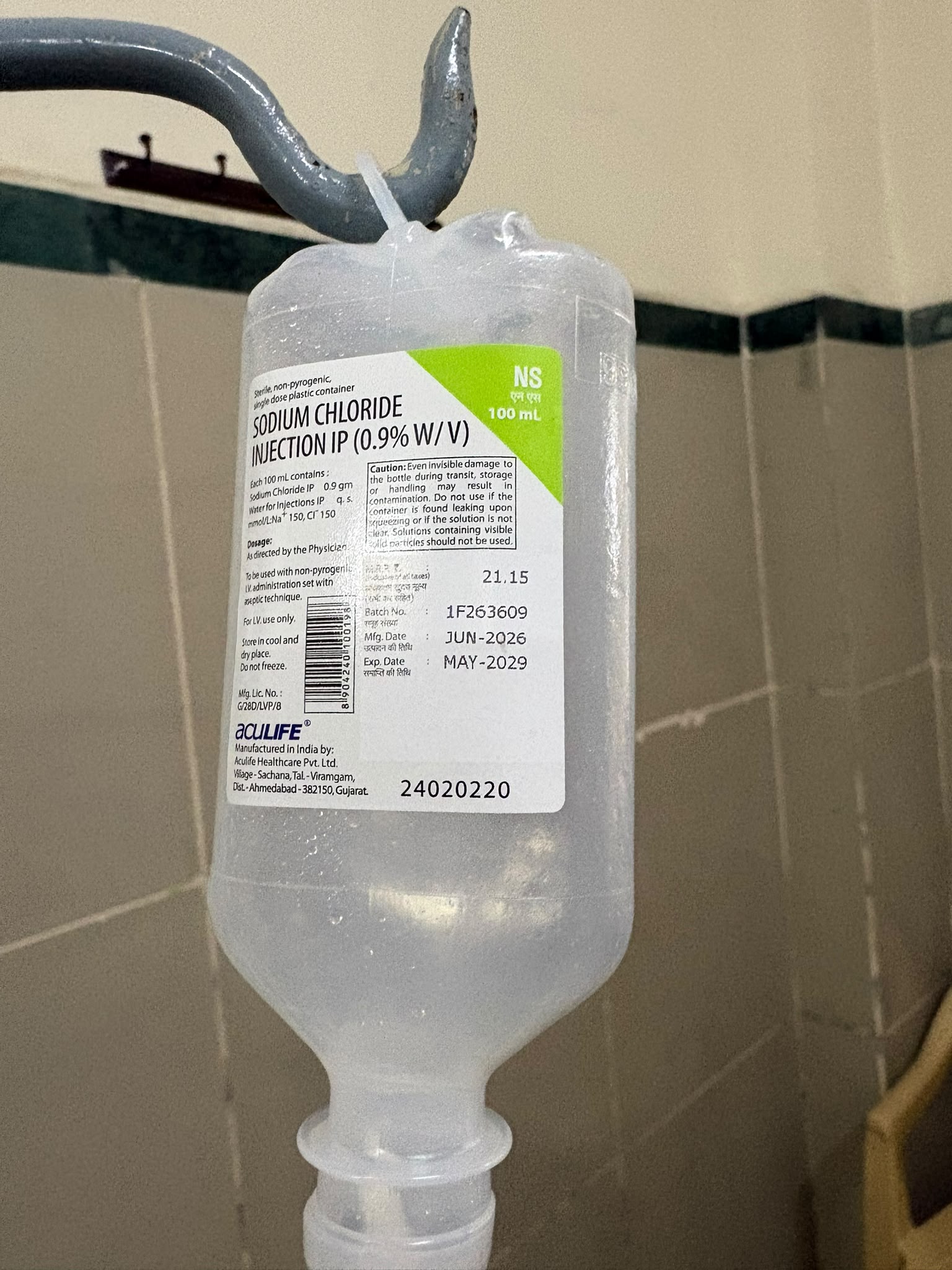 Normal Saline (NS) Sodium Chloride Injection IP 0.9% w/v, 100 mL