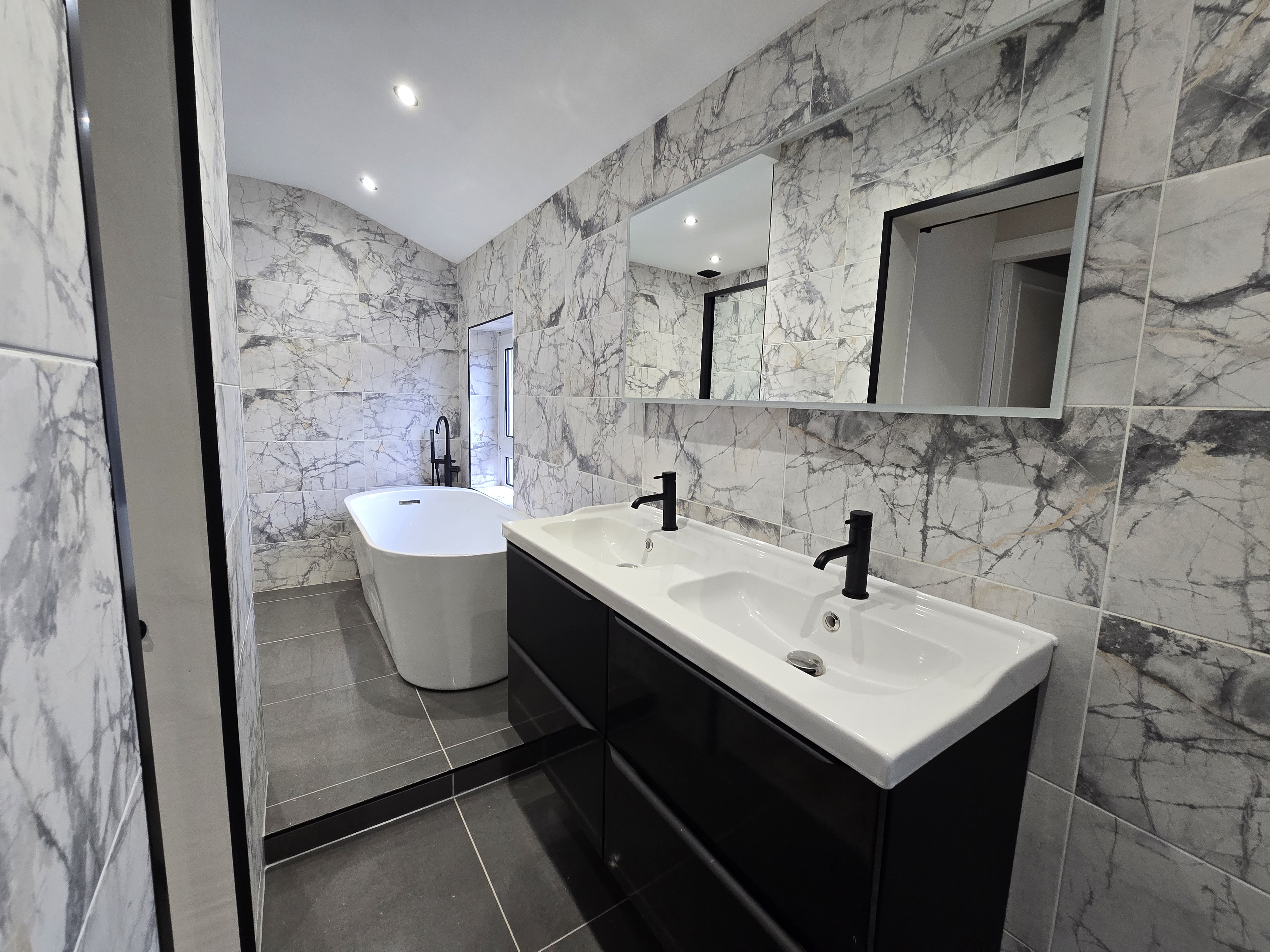 Luxury bathroom renovation — double vanity unit and freestanding bath, full property refurbishment Wishaw by Murphy Project Management