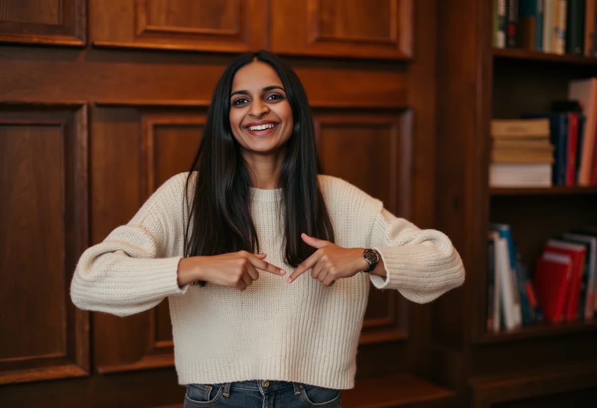 Dr. Dibah Jiva pointing at her bookshelf