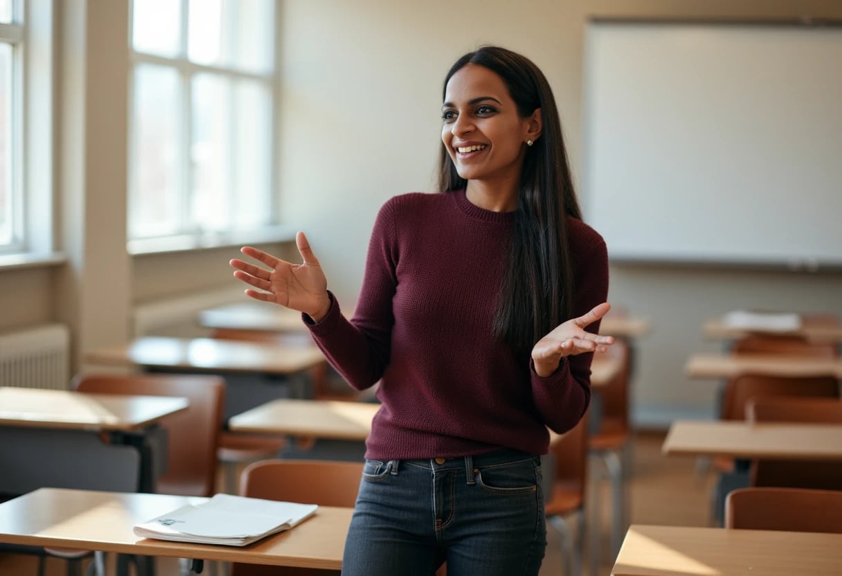 Dr. Dibah Jiva in burgundy, teaching in a small UCAT classroom.
