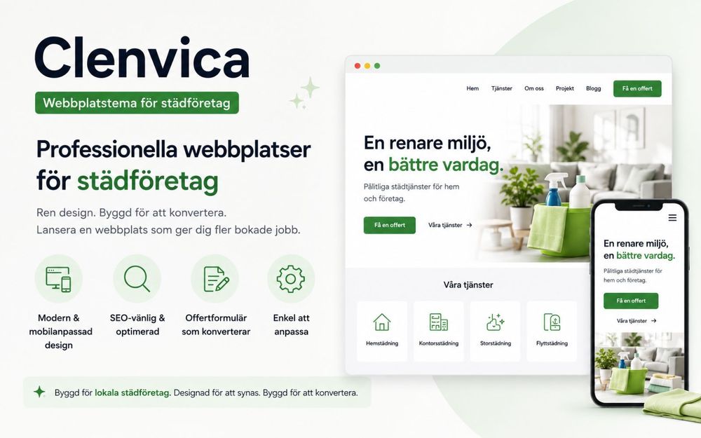 Clenvica - Modernt webbtema för städfirma (HTML/Next.js)
