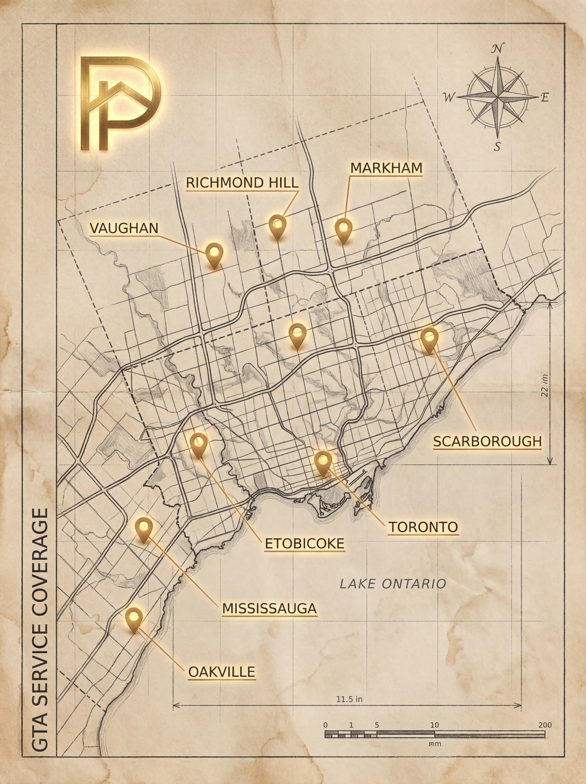 Hand-drawn map of PermitsHub service areas across the GTA