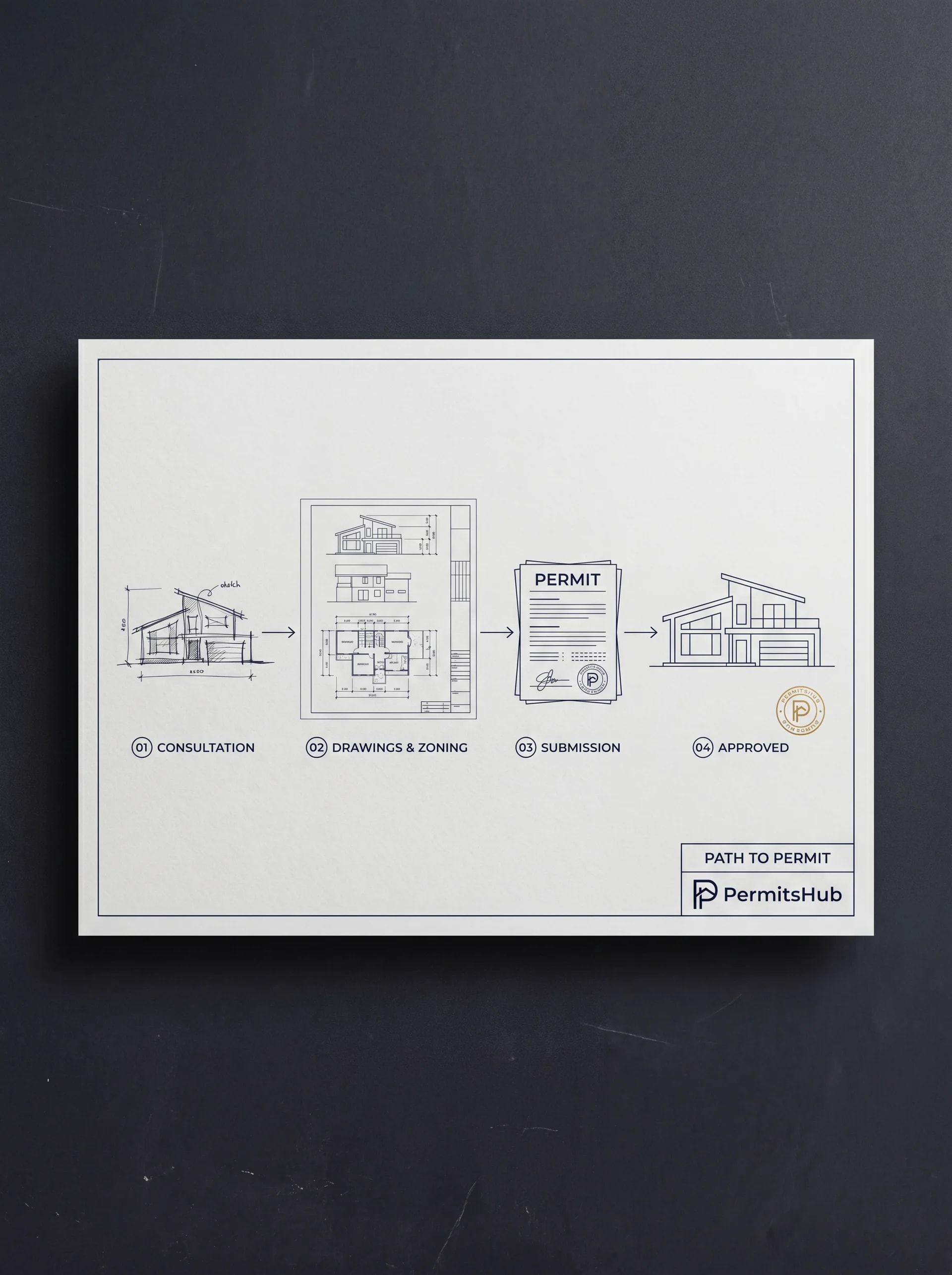 Architectural drawing illustrating the PermitsHub building permit process