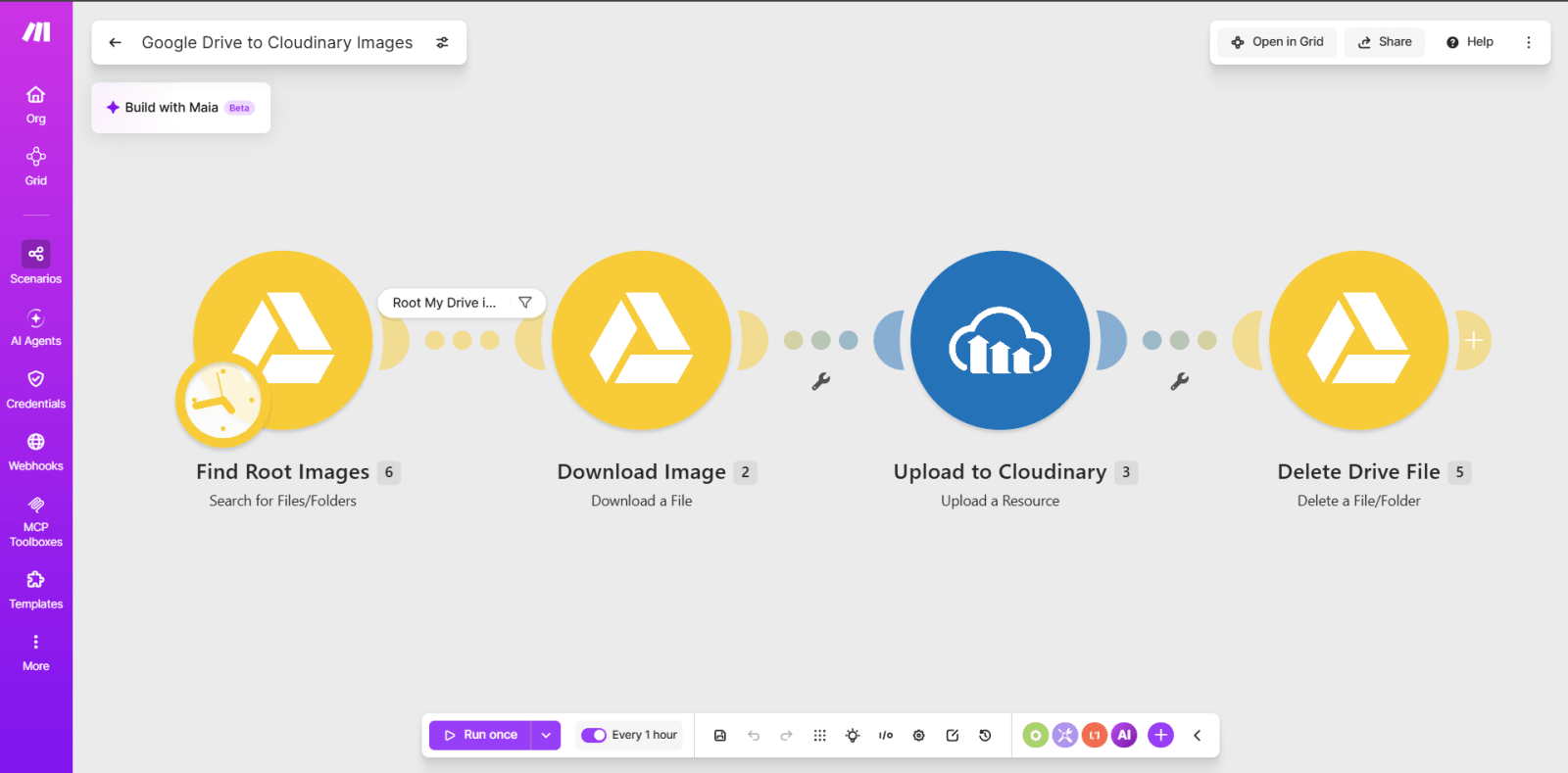 Make scenario named Google Drive to Cloudinary Images with four modules in a row: Find Root Images, Download Image, Upload to Cloudinary, and Delete Drive File, scheduled every hour