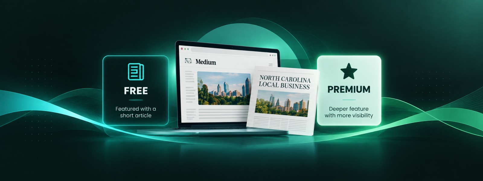 The Spotlight promotional graphic showing the free and premium business feature options side by side