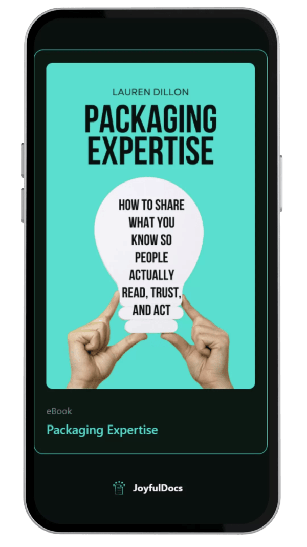 Packaging Expertise by Lauren Dillon, shown as a mobile reading experience on a phone