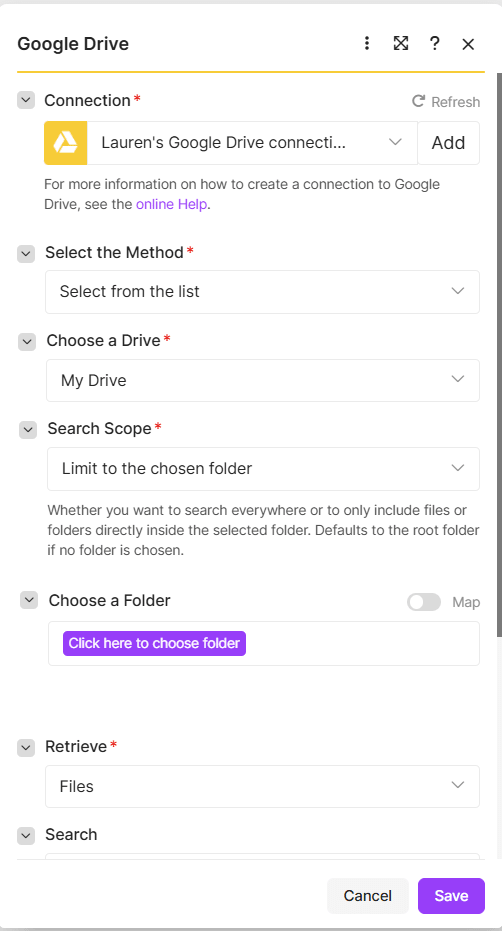 Make Google Drive search module set to My Drive with Search Scope Limit to the chosen folder and no folder selected