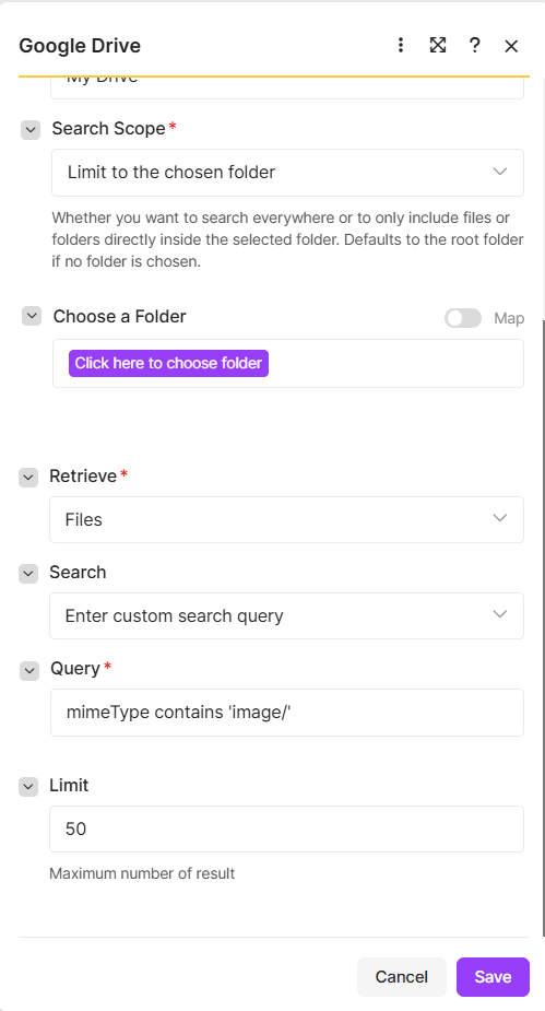 Make Google Drive search module with Retrieve set to Files, a custom query of mimeType contains image, and a limit of 50
