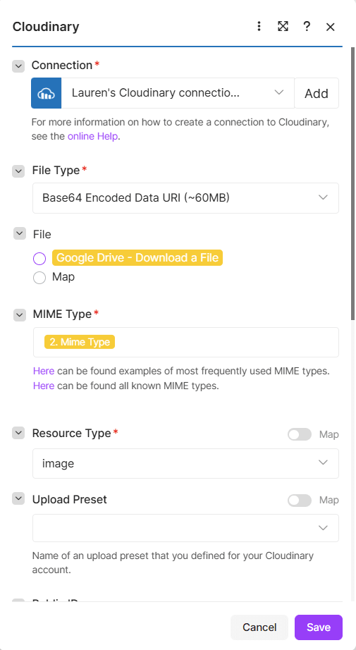 Make Cloudinary Upload a Resource module with File Type Base64 Encoded Data URI, the file mapped from Google Drive Download a File, MIME type mapped, and Resource Type image