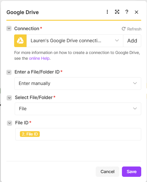 Make Google Drive Delete a File/Folder module with File selected and the File ID mapped from the download module