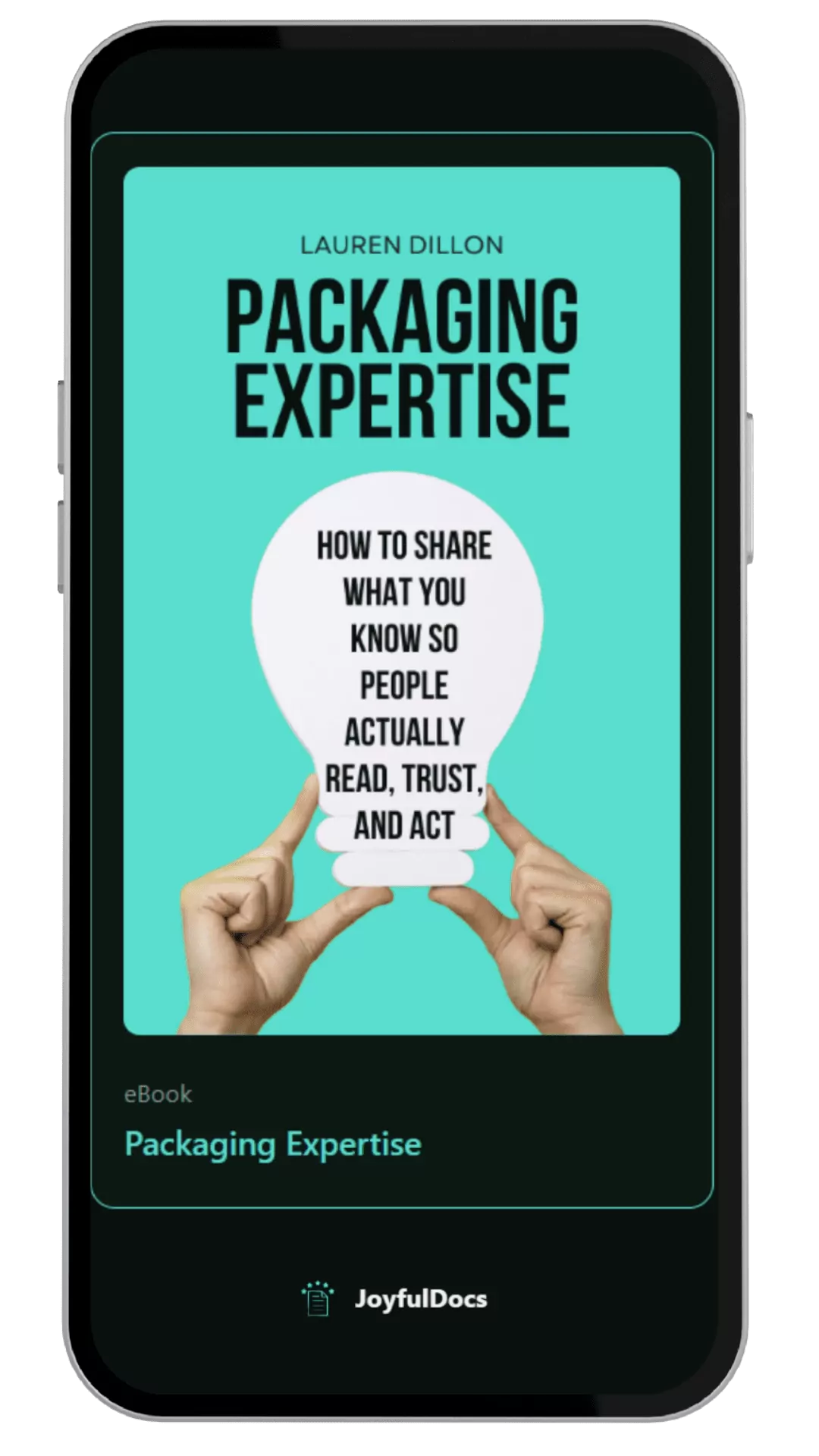 Packaging Expertise by Lauren Dillon, shown as a mobile reading experience on a phone